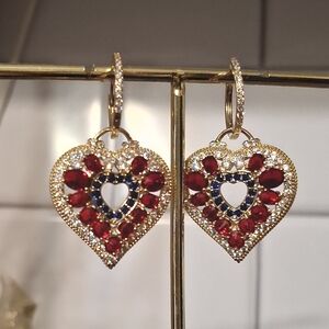 Heart-Shaped Gold and Red CZ Earrings Valentine